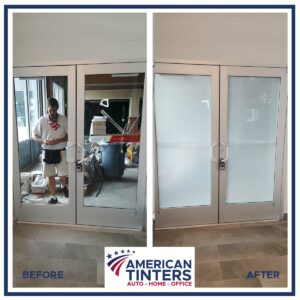 Before and After of commercial doors with privacy film added