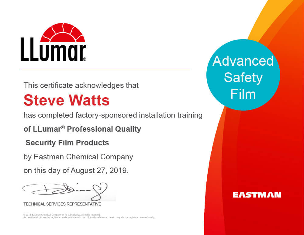 Certificate acknowledging that Steve Watts has completed factory-sponsored installation training of LLumar Professional Quality Security Film Products